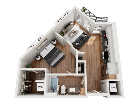 Floor plan for 1 bed, 1 bath, 632 sqft